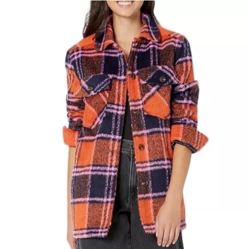 BLANKNYC Plaid Shacket Women XS Orange Black Boho Autumn Gorpcore Streetwear
